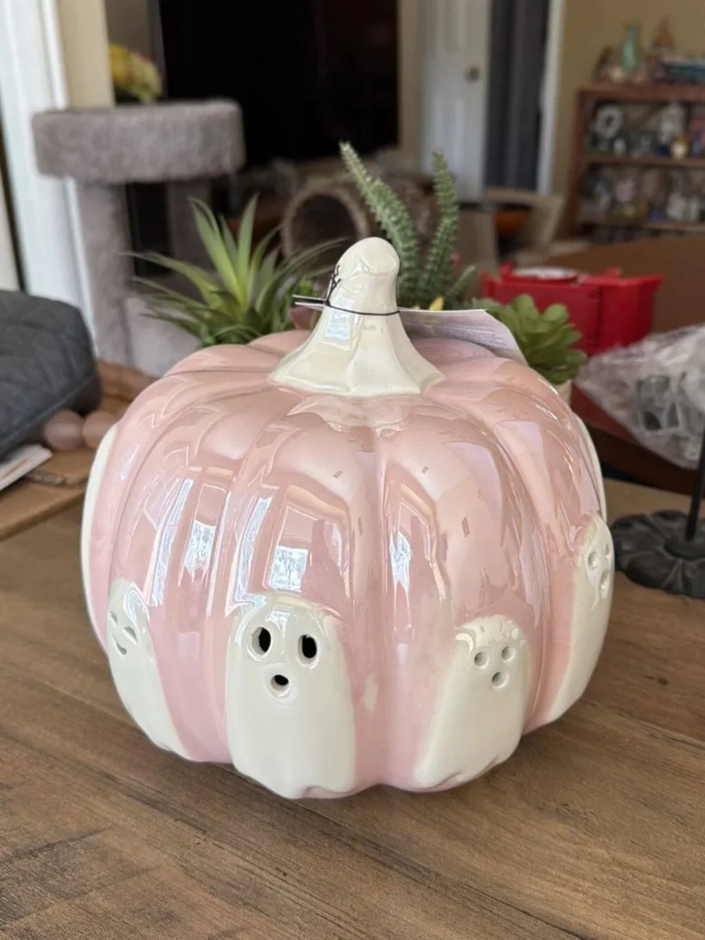 Spooky Hollow Pink Pearl Light Up Pumpkin With White Ghosts - NWOT